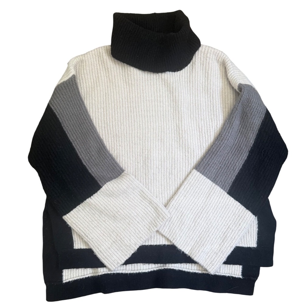 Ady B Womens Colorblock Ribbed Turtleneck Sweater Black White Grey Large